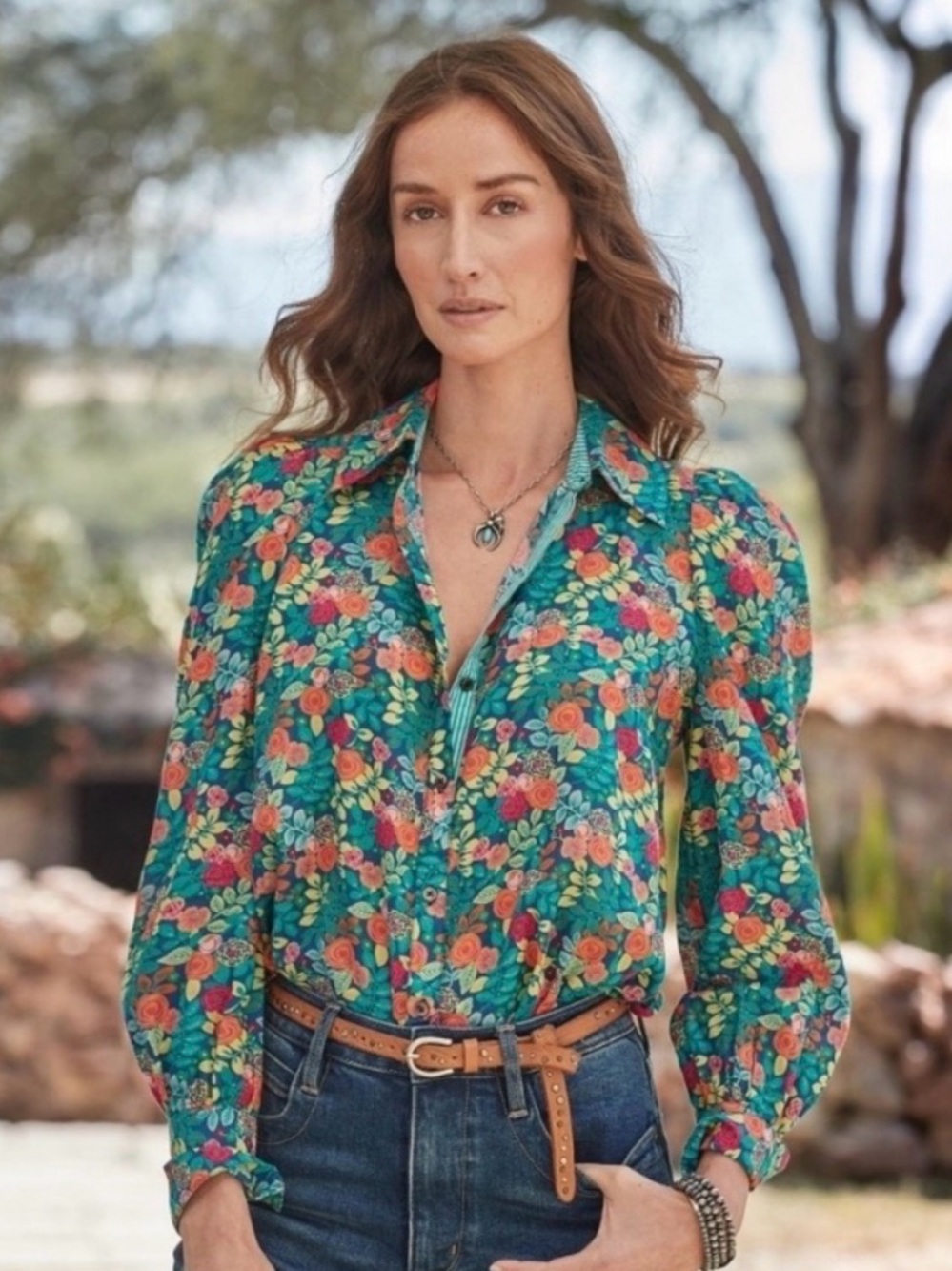 Sundance Rosie Vines Floral Blouse puff sleeves SMALL